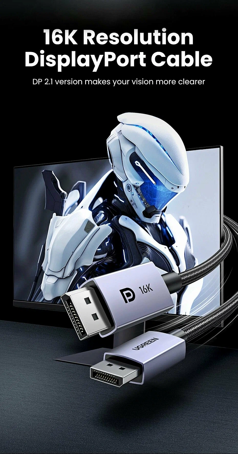15383 Кабель Ugreen DP118 DisplayPort 2.1, 16K 30Hz, 1m, Цвет-серый